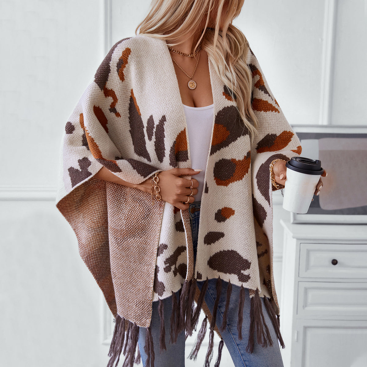 Women's Tassel Fall Winter Leopard Fuzzy Plus Size Oversized Knit Shawl Gift Office