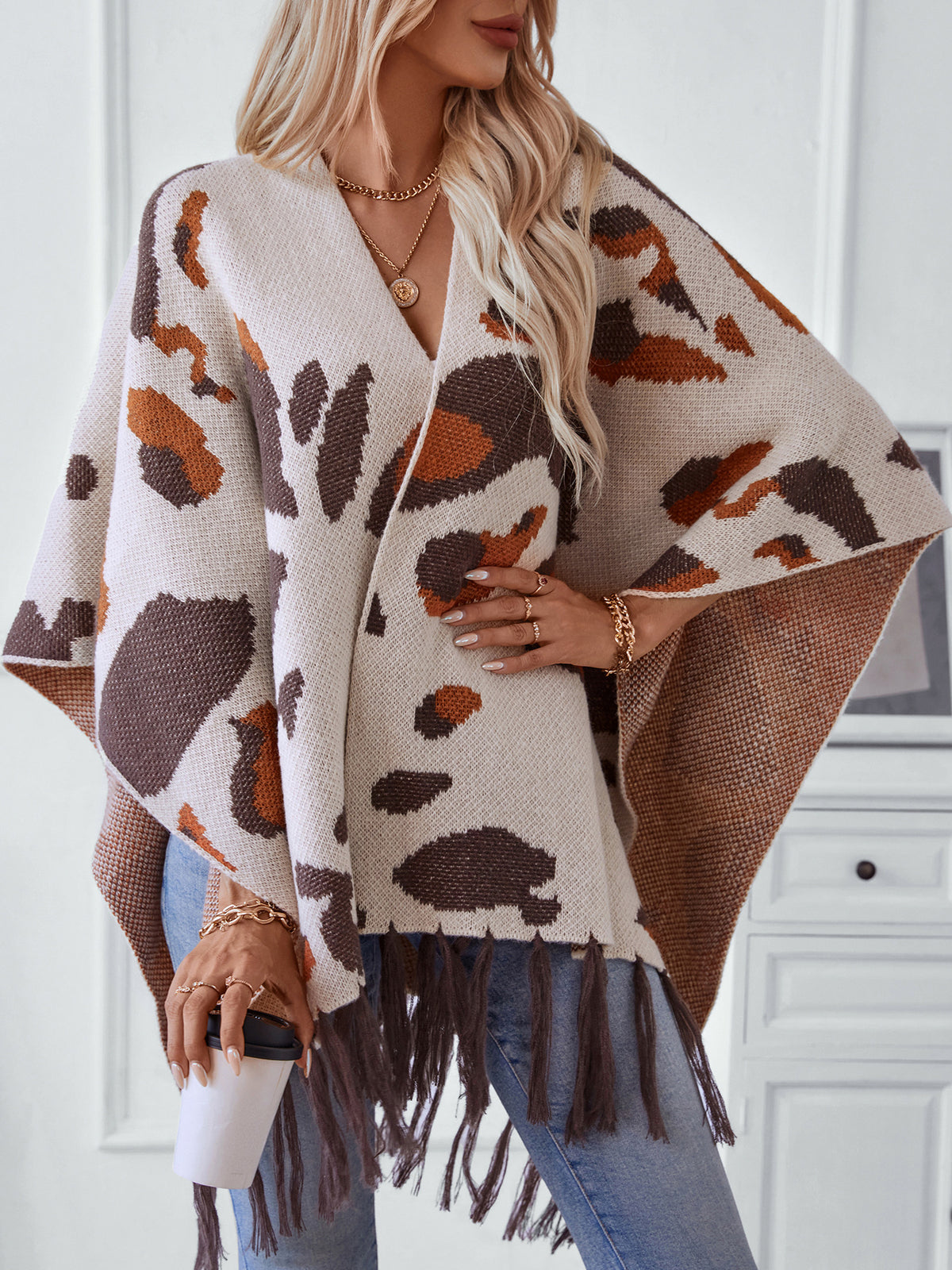 Women's Tassel Fall Winter Leopard Fuzzy Plus Size Oversized Knit Shawl Gift Office