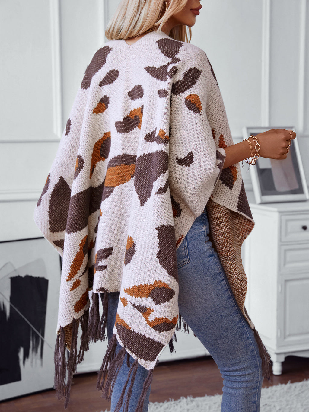 Women's Tassel Fall Winter Leopard Fuzzy Plus Size Oversized Knit Shawl Gift Office