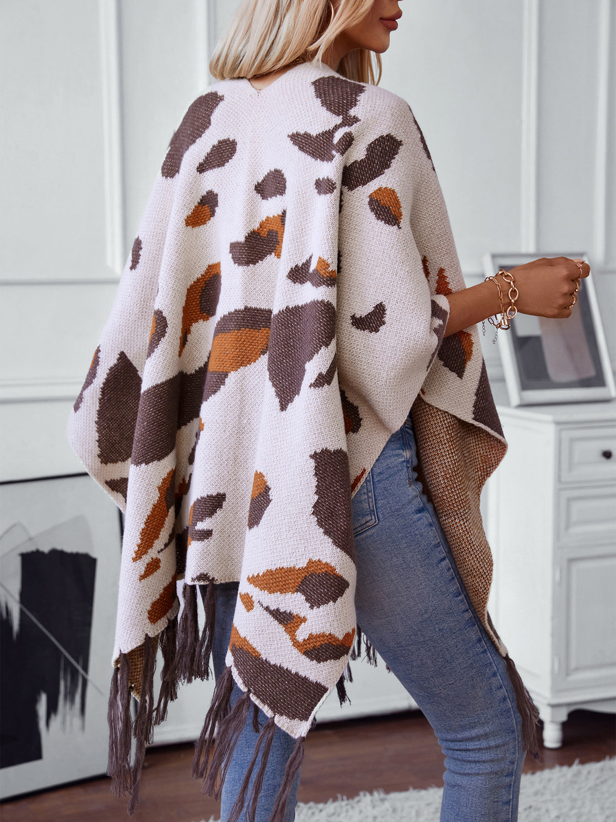 Women's Tassel Fall Winter Leopard Fuzzy Plus Size Oversized Knit Shawl Gift Office