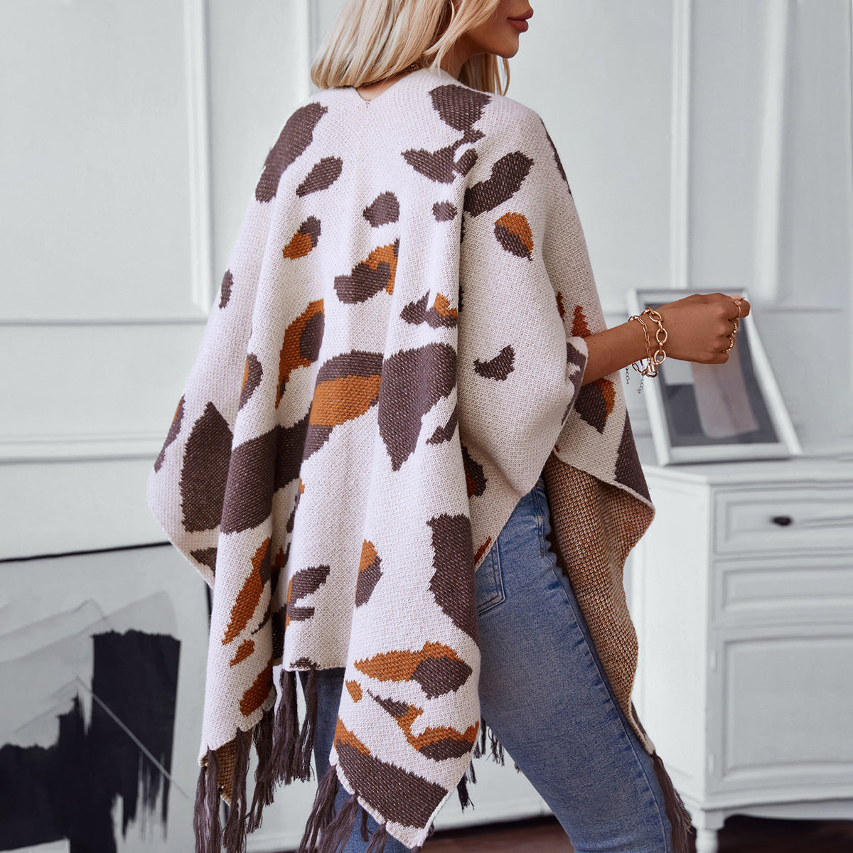 Women's Tassel Fall Winter Leopard Fuzzy Plus Size Oversized Knit Shawl Gift Office