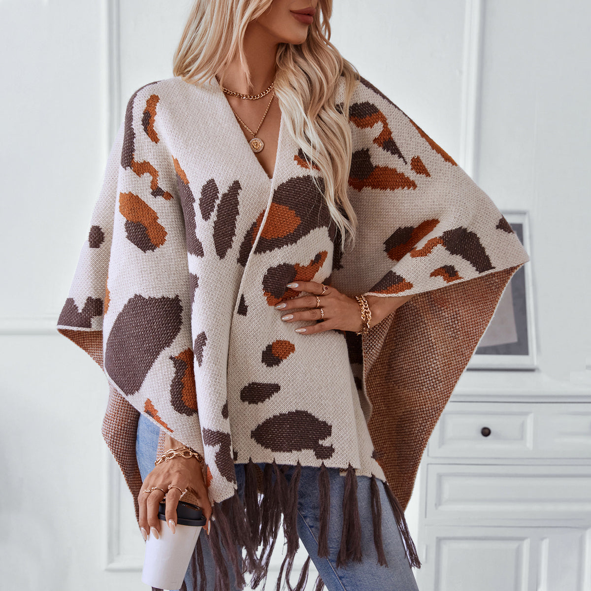 Women's Tassel Fall Winter Leopard Fuzzy Plus Size Oversized Knit Shawl Gift Office