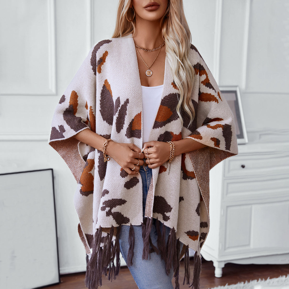 Women's Tassel Fall Winter Leopard Fuzzy Plus Size Oversized Knit Shawl Gift Office