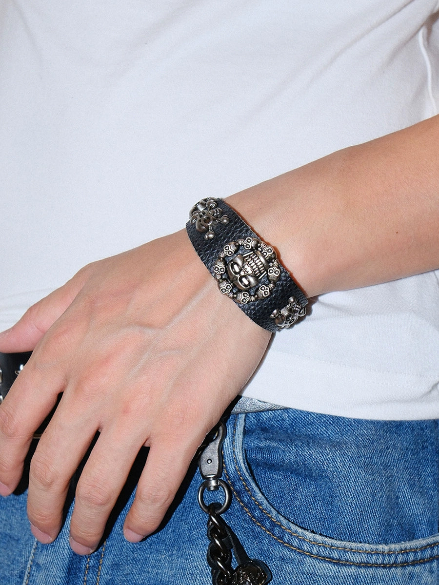 Women's Punk Rock Skull Studded Oxidized Leather Retro Bracelet for Everyday Stacking Gift Wedding Date Night Office Wear