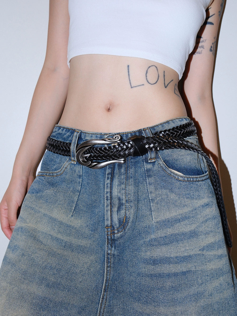 Women's Streetwear Embossed Skinny Woven Oxidized Leather No-hole Belt Jeans Waist for Date Night Gift Party Versatile Office Everyday