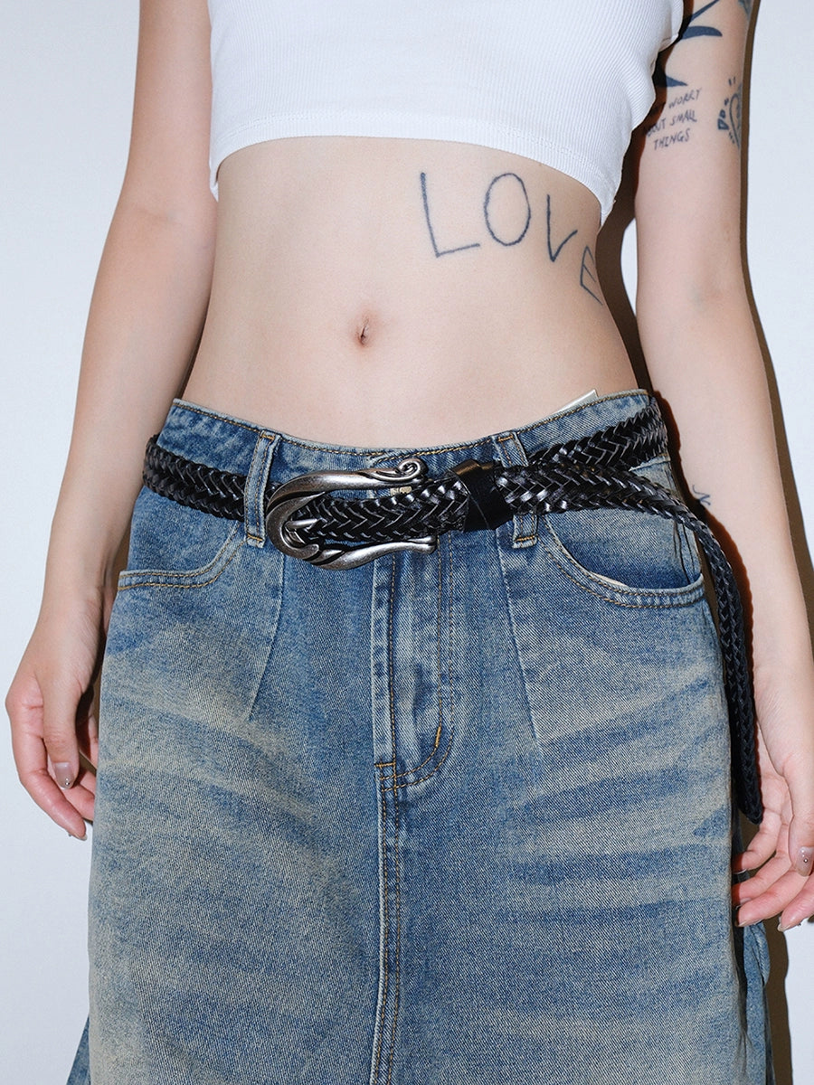 Women's Streetwear Embossed Skinny Woven Oxidized Leather No-hole Belt Jeans Waist for Date Night Gift Party Versatile Office Everyday
