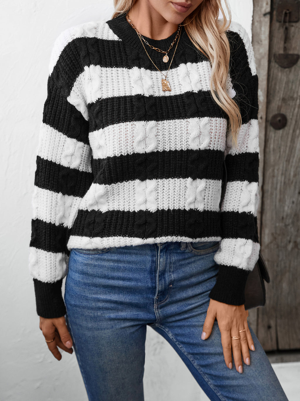 Women's Fall Winter Striped Oversized Retro Sweater Knit Pullover Top Everyday Wear