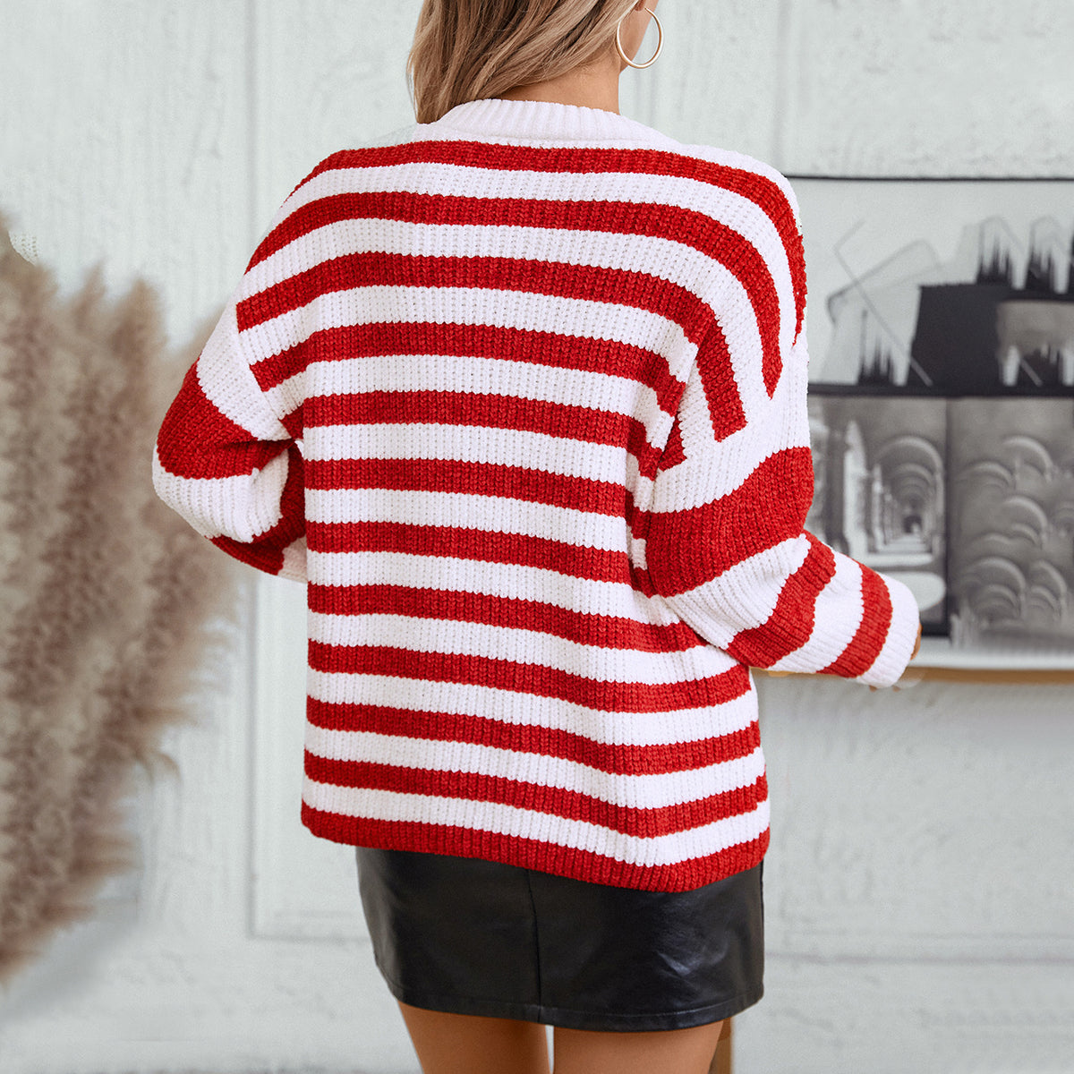 Women's Knit Fall Winter Striped Color-Block Casual Clothing Top Outfit Weekend Everyday