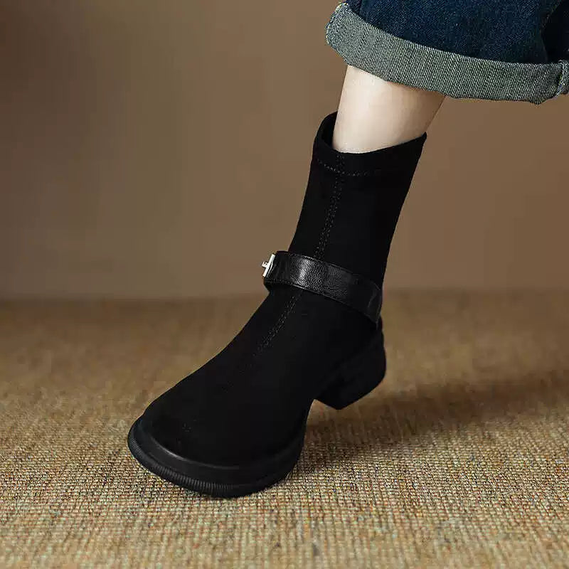 Women's Fall Winter Chunky Sole Suede Block Heel High Heel Martin Combat Boots for Office and Weekend Streetwear Everyday Wear
