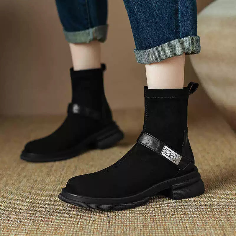 Women's Fall Winter Chunky Sole Suede Block Heel High Heel Martin Combat Boots for Office and Weekend Streetwear Everyday Wear