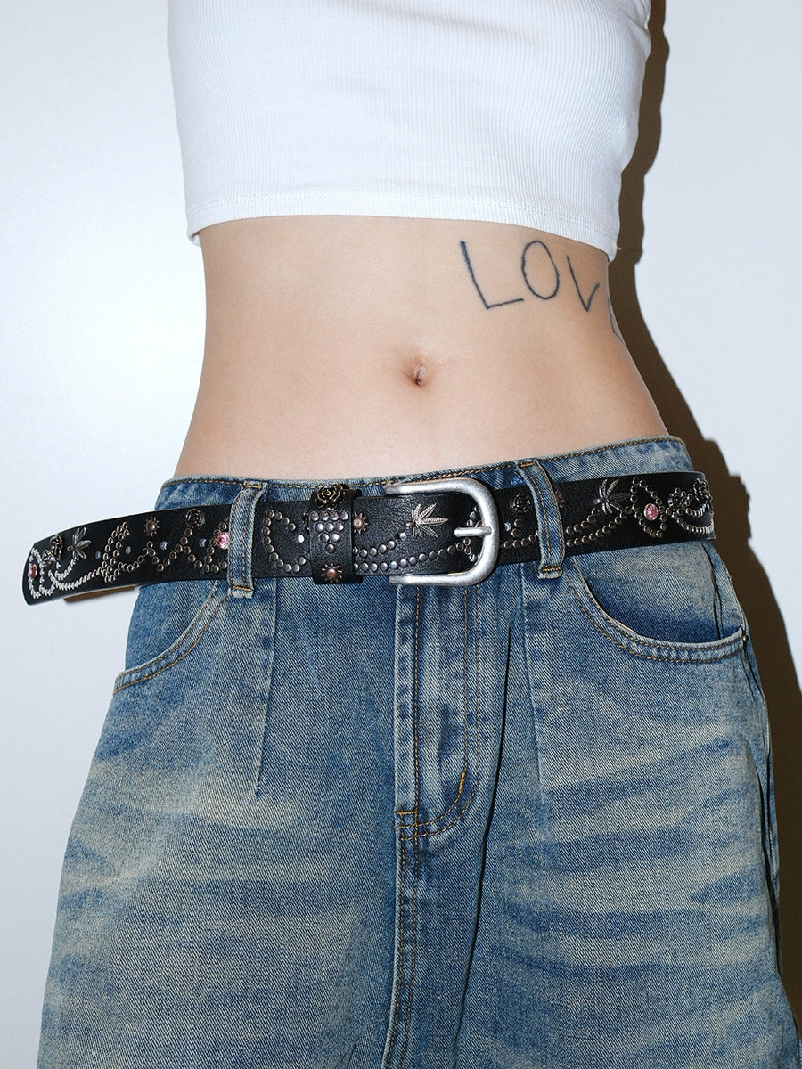 Women's Wide Studded Crystal Floral Waist Belt Gift Party Everyday Wear Designer