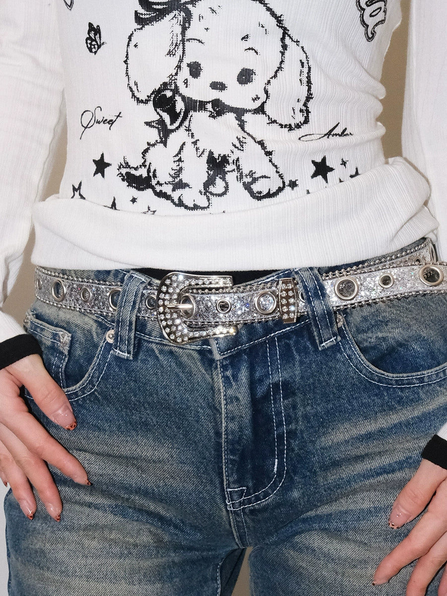 Women's Y2k Punk Gothic Streetwear Glitter Crystal No-hole Belt Waist Gift Designer