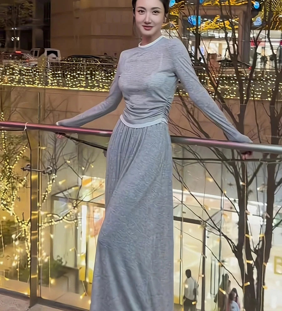 Women's Grey Longline Midi Long Sleeve Casual Two-Piece Set for Office Workwear Wedding Guest Business Travel Weekend At Home