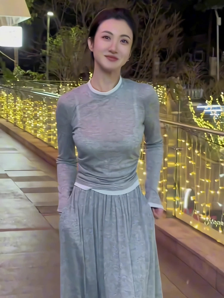 Women's Grey Longline Midi Long Sleeve Casual Two-Piece Set for Office Workwear Wedding Guest Business Travel Weekend At Home