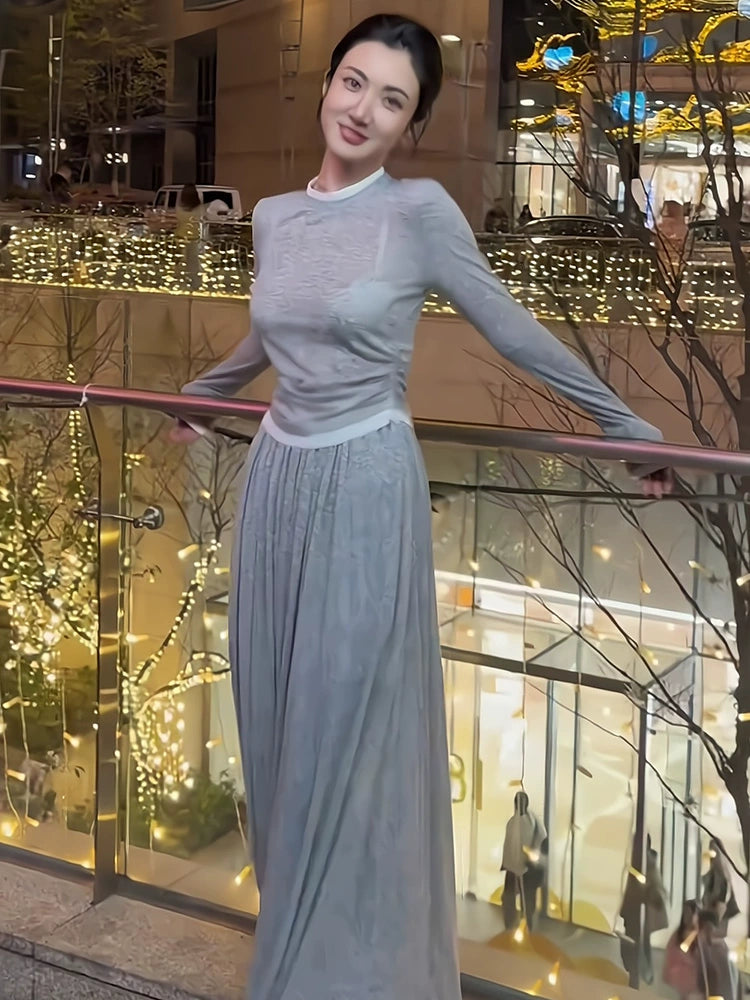 Women's Grey Longline Midi Long Sleeve Casual Two-Piece Set for Office Workwear Wedding Guest Business Travel Weekend At Home