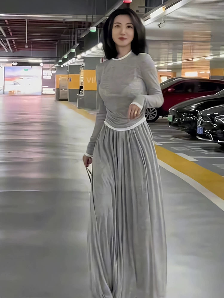 Women's Grey Longline Midi Long Sleeve Casual Two-Piece Set for Office Workwear Wedding Guest Business Travel Weekend At Home