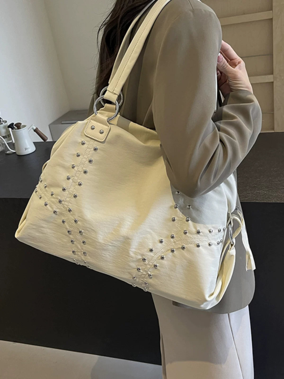 Women's Studded Nylon Office Workwear Tote Bag Shoulder Crossbody Purse Work Travel Everyday Purse