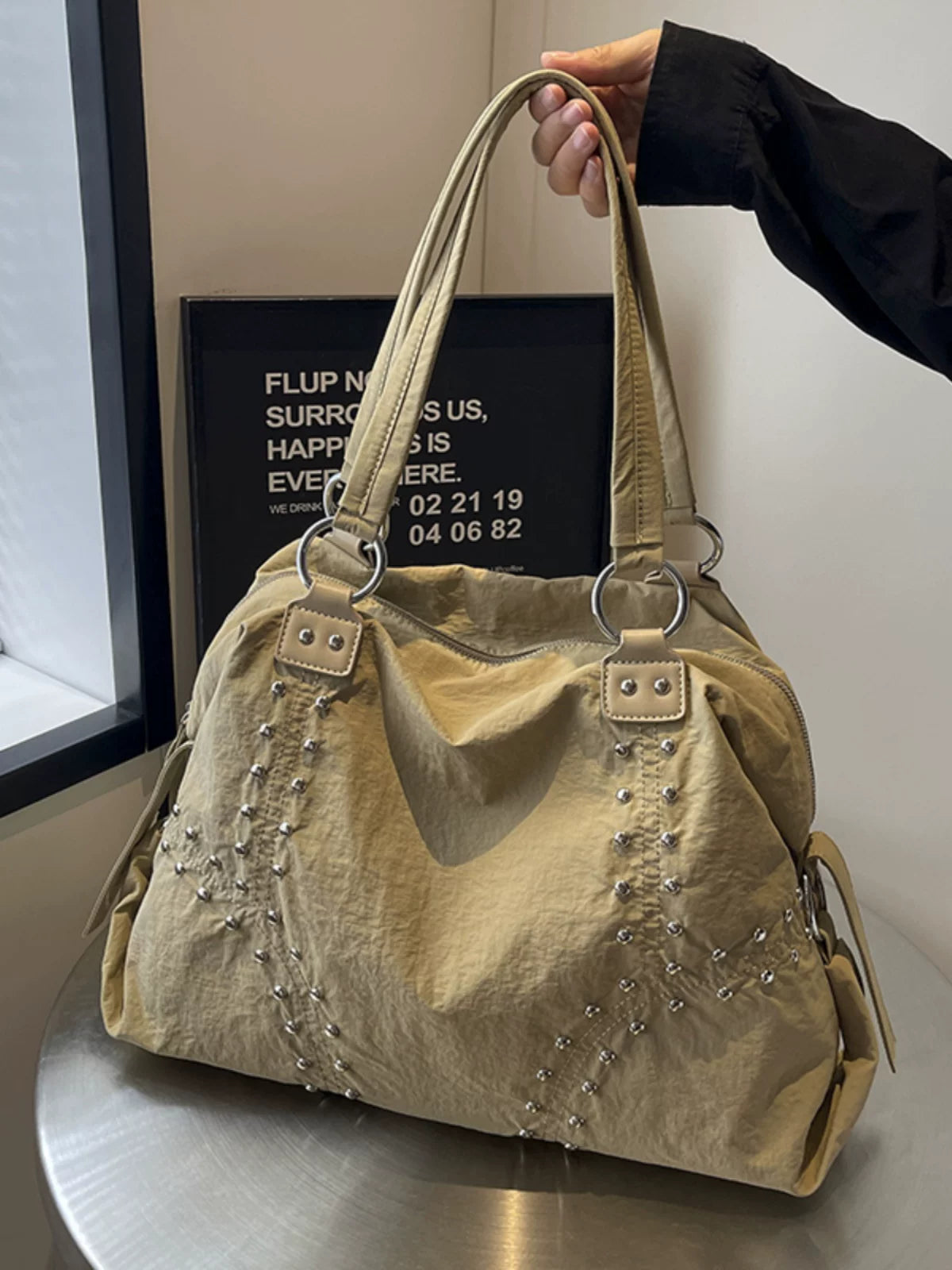 Women's Studded Nylon Office Workwear Tote Bag Shoulder Crossbody Purse Work Travel Everyday Purse