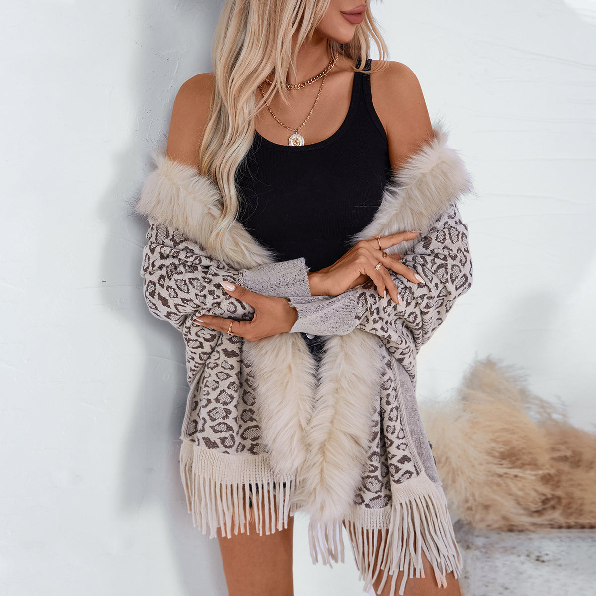 Women's Fur-Collar Fall Winter Leopard Oversized Knit Shawl Wrap Evening Outfits