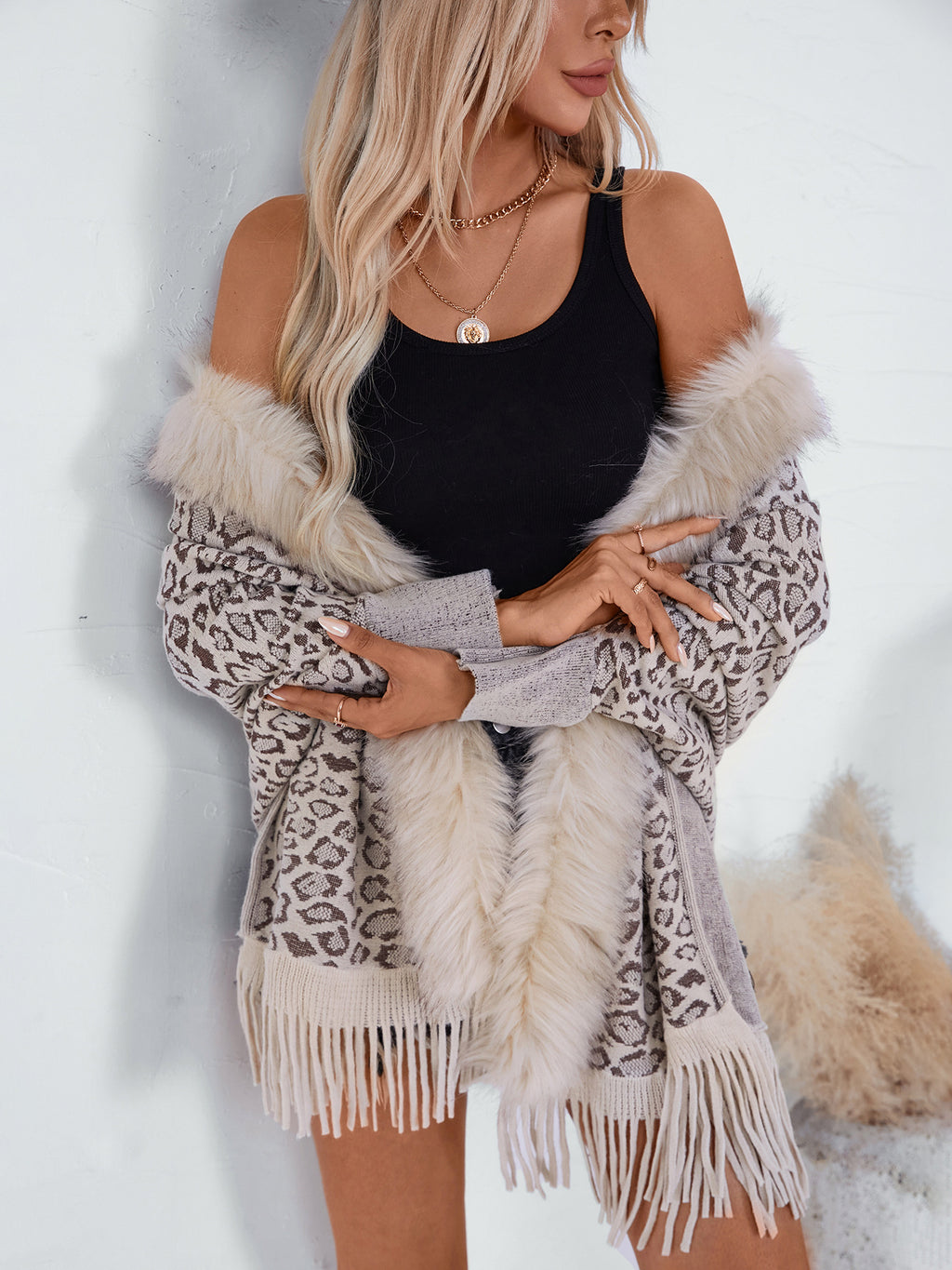 Women's Fur-Collar Fall Winter Leopard Oversized Knit Shawl Wrap Evening Outfits