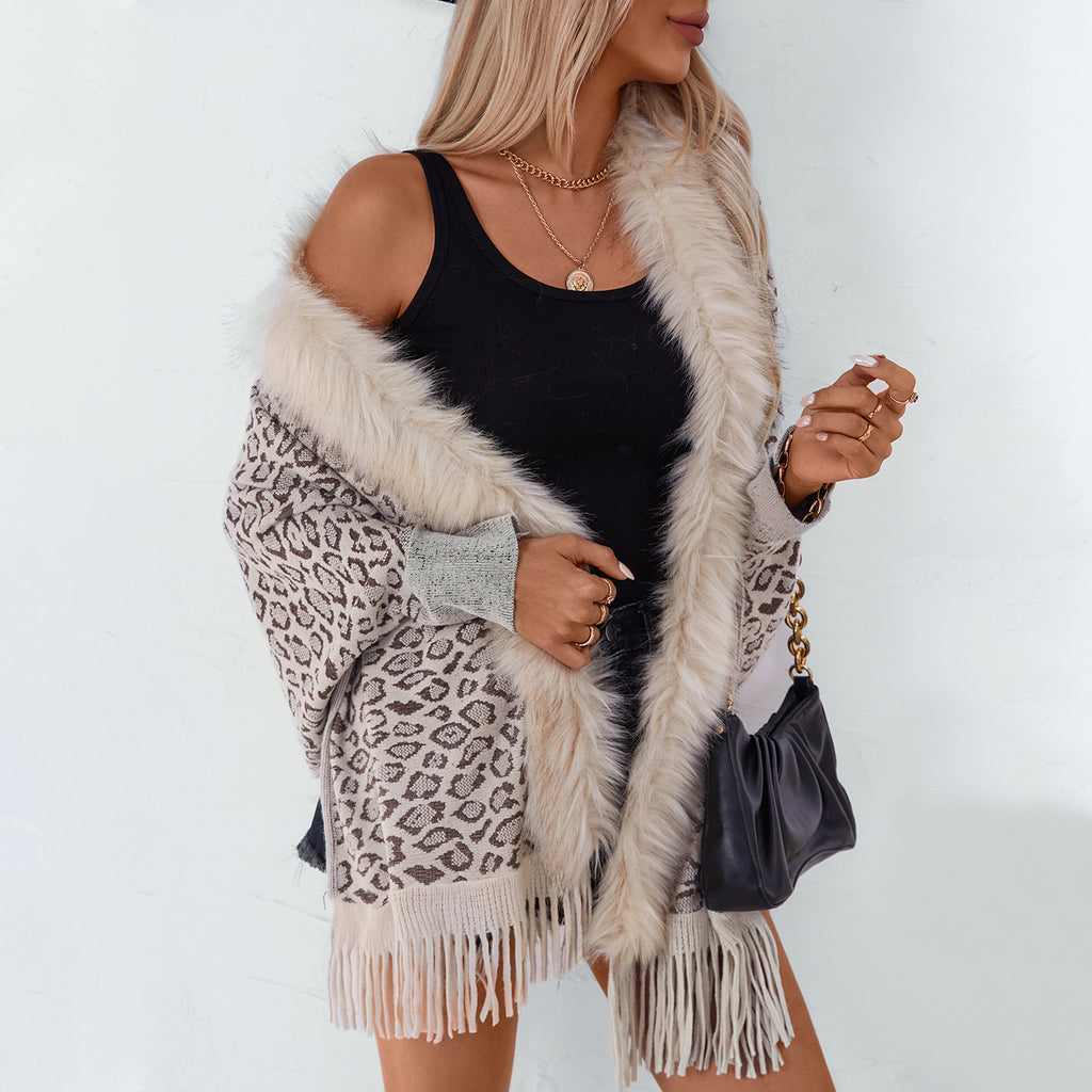Women's Fur-Collar Fall Winter Leopard Oversized Knit Shawl Wrap Evening Outfits
