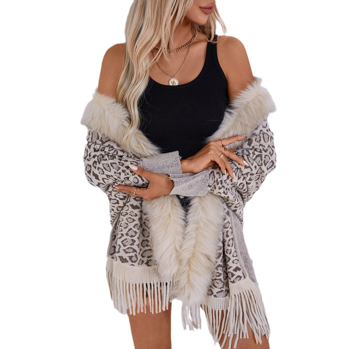 Women's Fur-Collar Fall Winter Leopard Oversized Knit Shawl Wrap Evening Outfits
