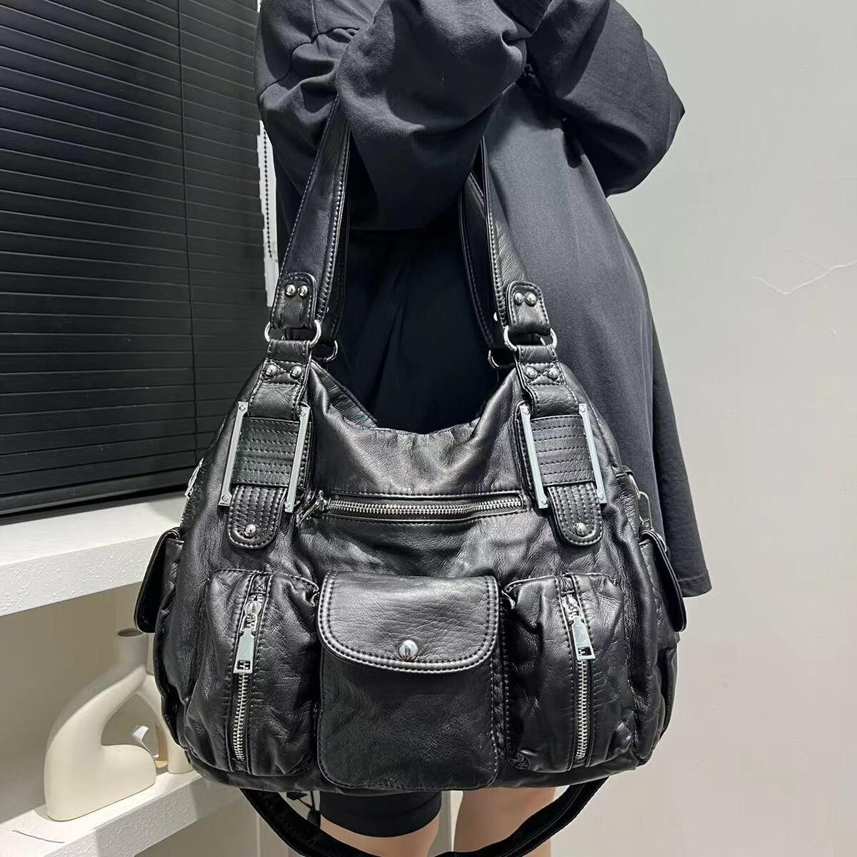 Women's Large-Capacity Oxidized Washed Retro Tote Bag Shoulder Crossbody Purse Work and Travel Office