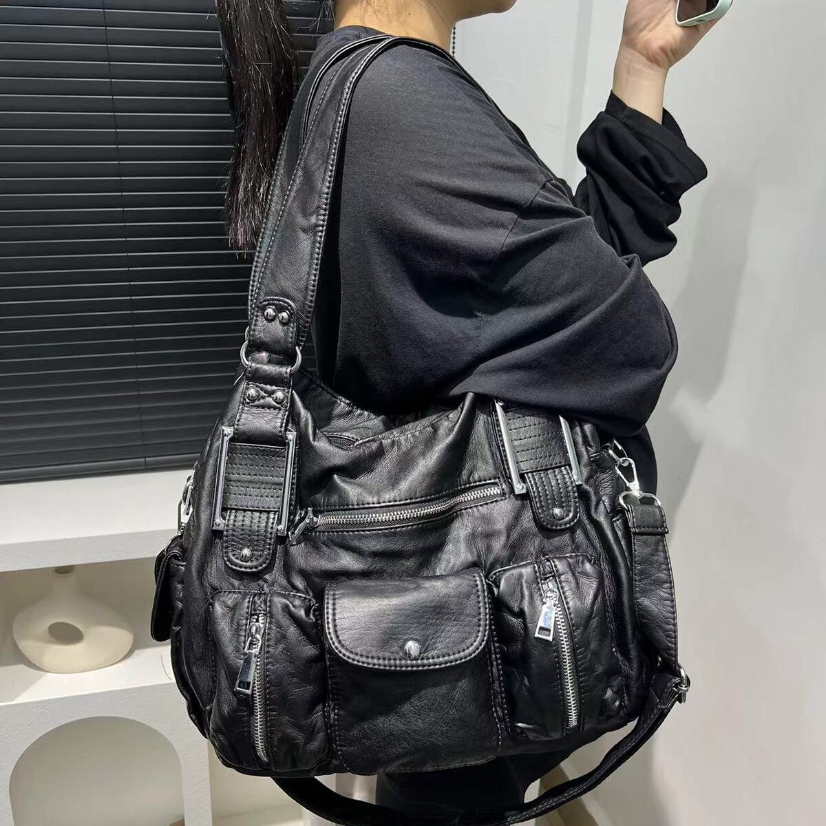 Women's Large-Capacity Oxidized Washed Retro Tote Bag Shoulder Crossbody Purse Work and Travel Office