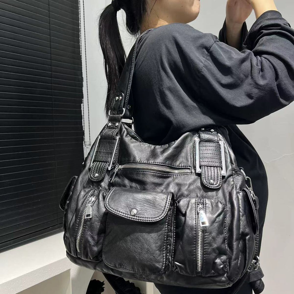 Women's Large-Capacity Oxidized Washed Retro Tote Bag Shoulder Crossbody Purse Work and Travel Office