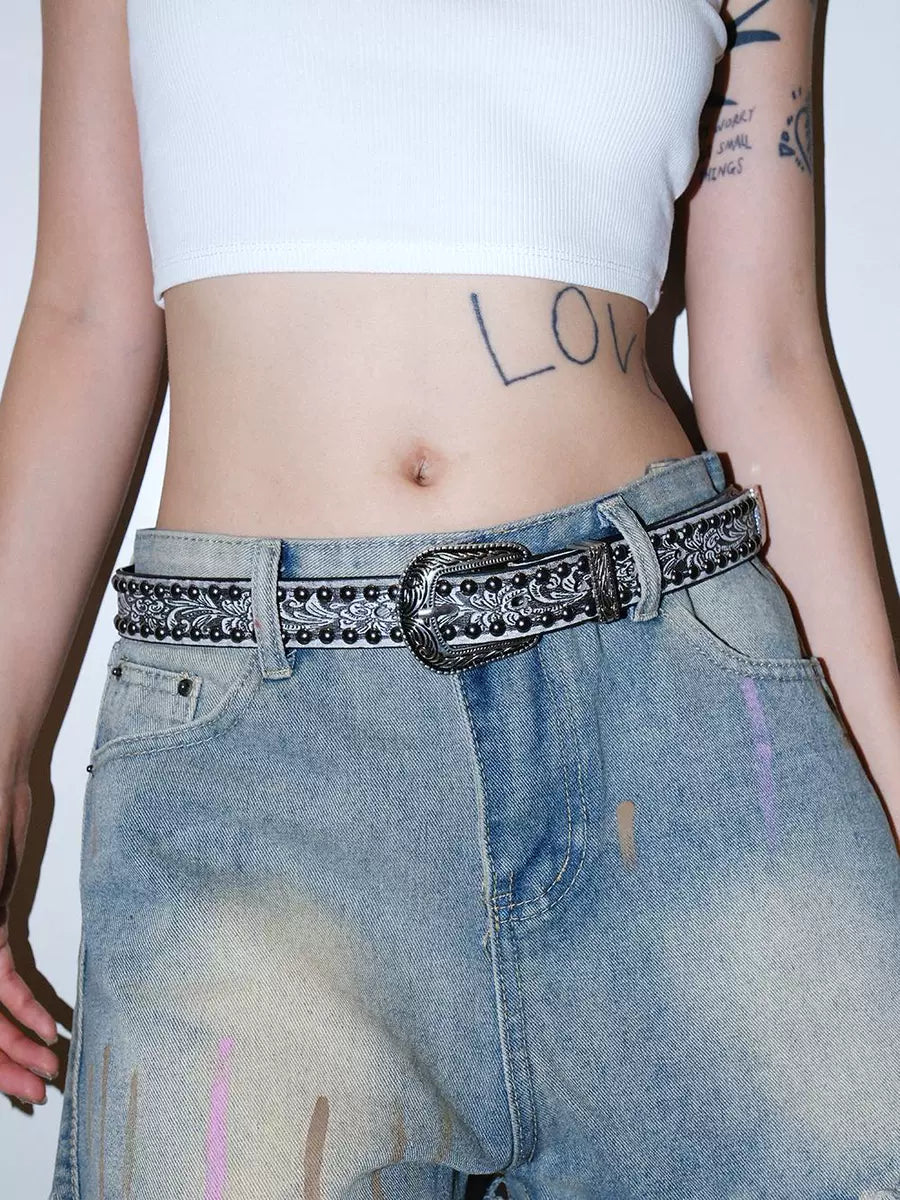 Women's Punk Streetwear Embossed Skinny Studded Jeans Belt Gunmetal Waist Gift Party Designer