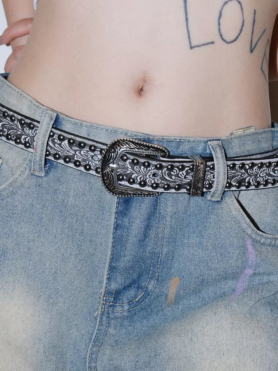 Women's Punk Streetwear Embossed Skinny Studded Jeans Belt Gunmetal Waist Gift Party Designer