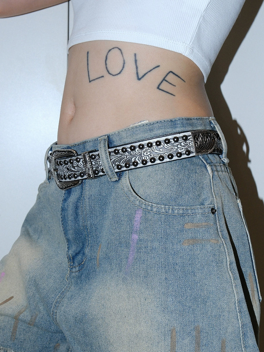 Women's Punk Streetwear Embossed Skinny Studded Jeans Belt Gunmetal Waist Gift Party Designer