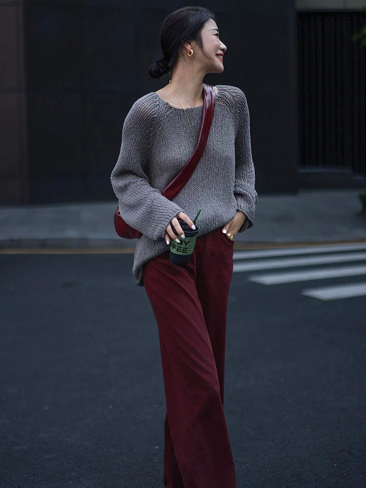 Women's Grey Knit Oversized Casual Two-Piece Set for Office Workwear Wedding Guest Business Travel Weekend At Home