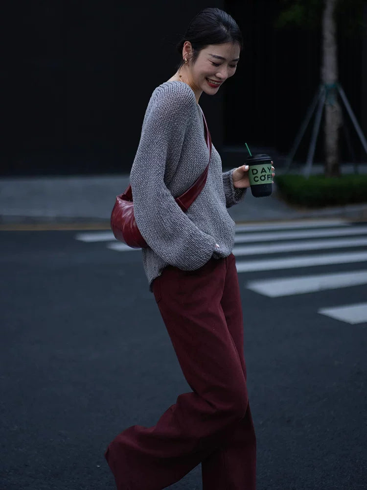 Women's Grey Knit Oversized Casual Two-Piece Set for Office Workwear Wedding Guest Business Travel Weekend At Home