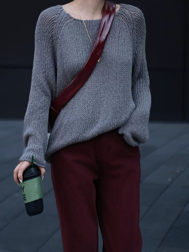 Women's Grey Knit Oversized Casual Two-Piece Set for Office Workwear Wedding Guest Business Travel Weekend At Home