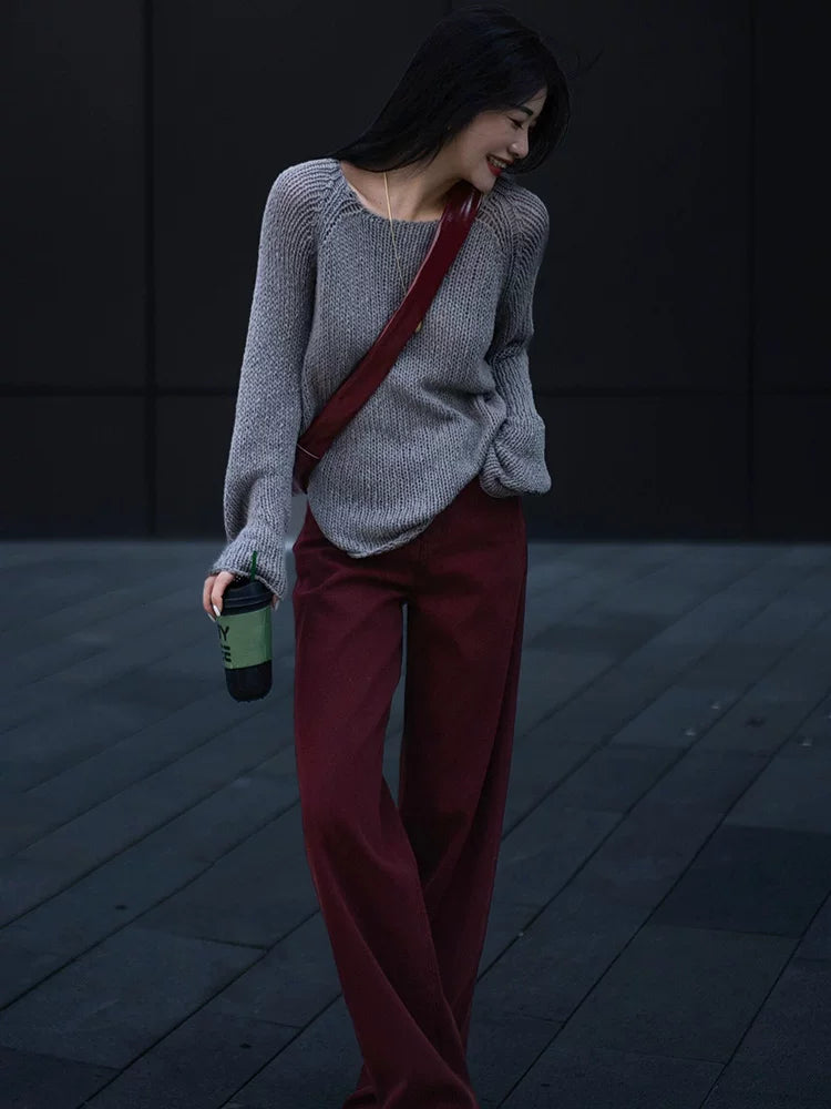 Women's Grey Knit Oversized Casual Two-Piece Set for Office Workwear Wedding Guest Business Travel Weekend At Home