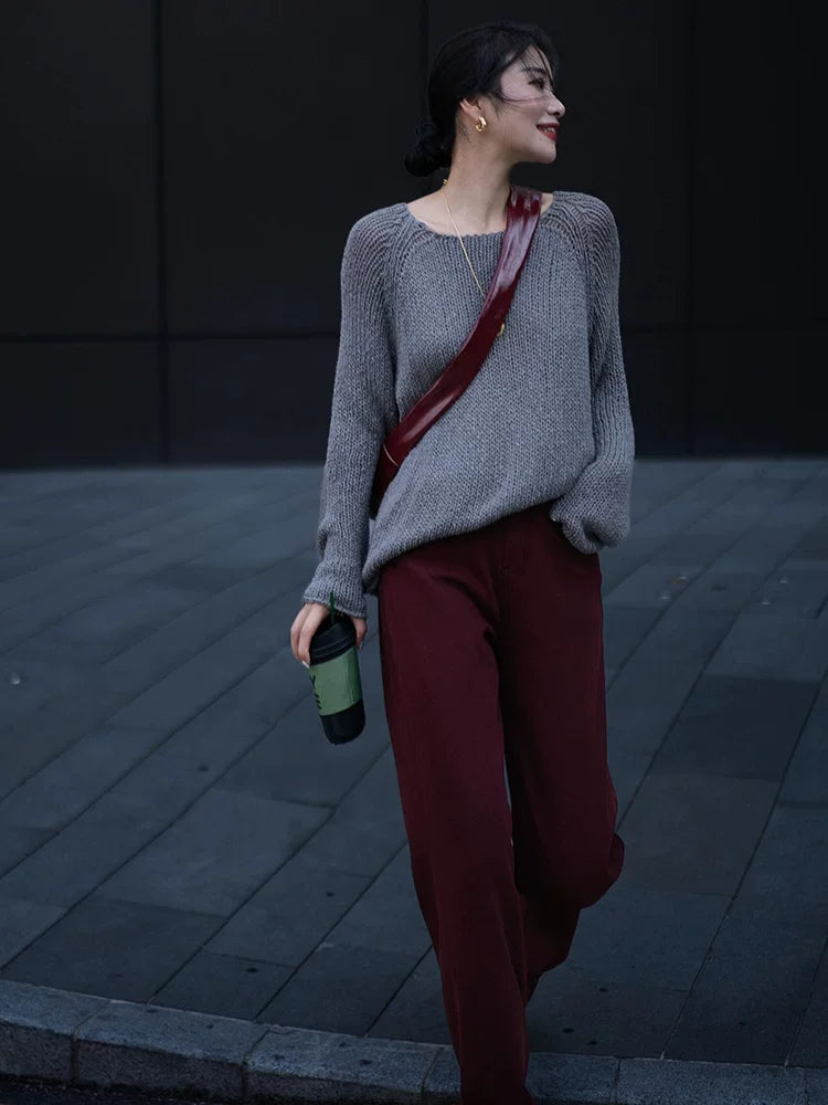 Women's Grey Knit Oversized Casual Two-Piece Set for Office Workwear Wedding Guest Business Travel Weekend At Home