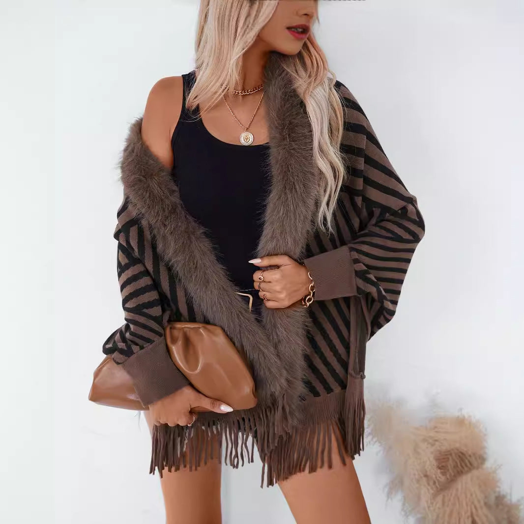 Women's Tassel Fall Winter Striped Knit Shawl Gift Office Travel Evening Wrap Outfits