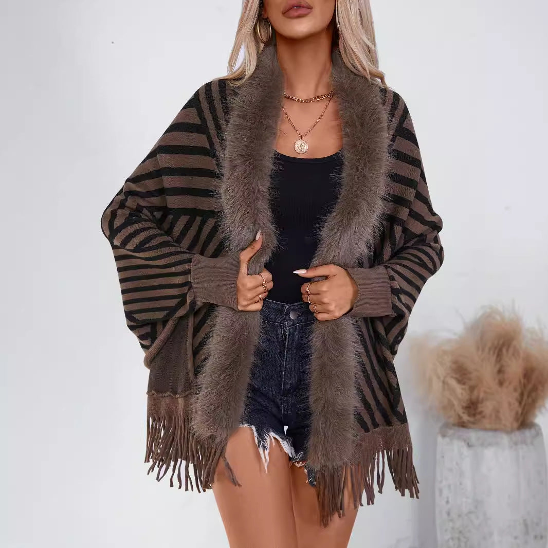 Women's Tassel Fall Winter Striped Knit Shawl Gift Office Travel Evening Wrap Outfits