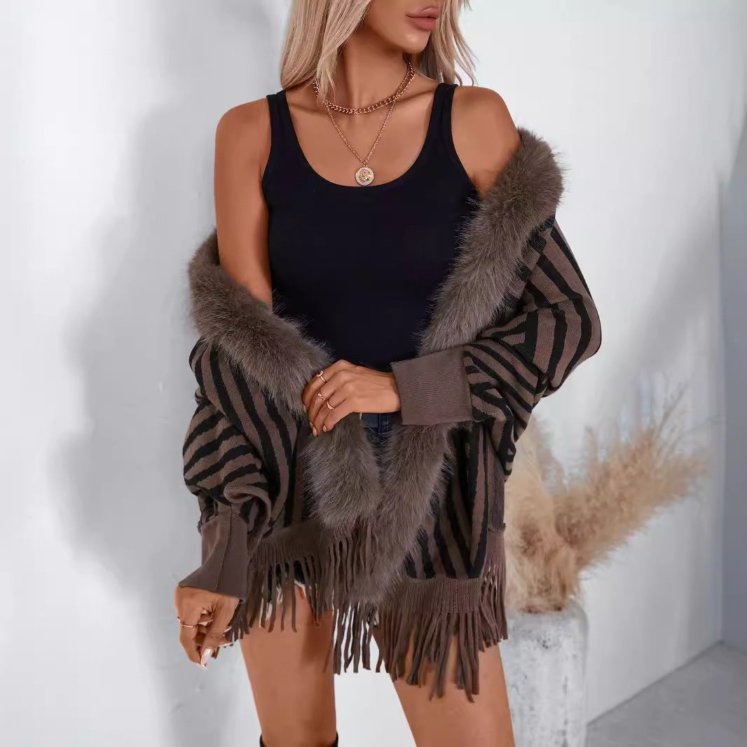 Women's Tassel Fall Winter Striped Knit Shawl Gift Office Travel Evening Wrap Outfits