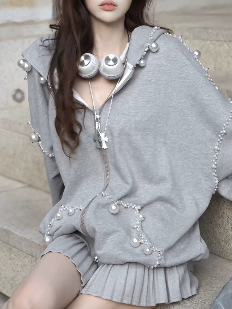 Women's Grey Pearl Oversized Casual Hoodie Sweatshirt for Layering in Spring Streetwear Fall Travel and Weekend Everyday