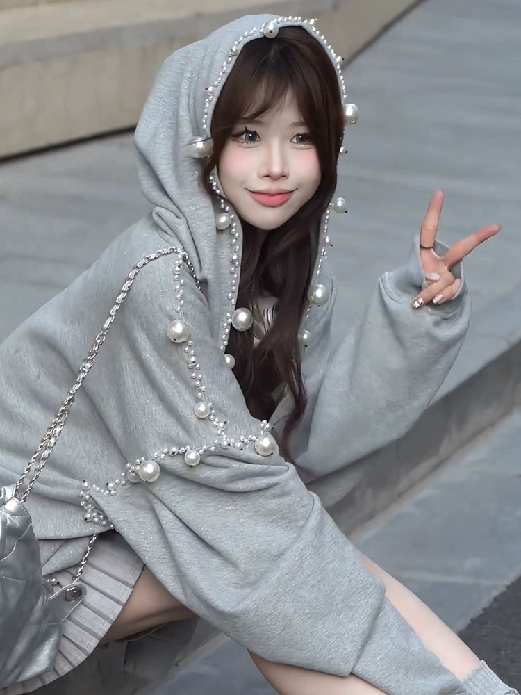 Women's Grey Pearl Oversized Casual Hoodie Sweatshirt for Layering in Spring Streetwear Fall Travel and Weekend Everyday