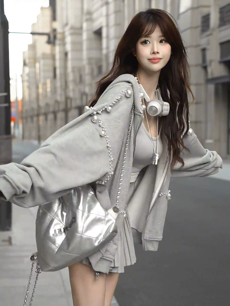 Women's Grey Pearl Oversized Casual Hoodie Sweatshirt for Layering in Spring Streetwear Fall Travel and Weekend Everyday