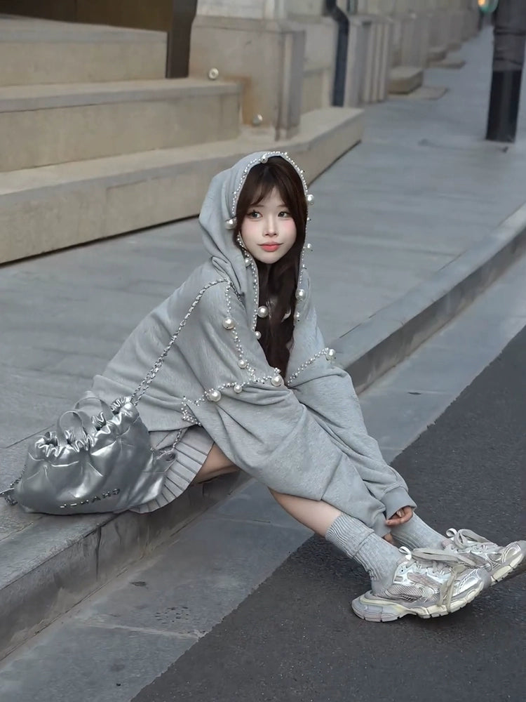 Women's Grey Pearl Oversized Casual Hoodie Sweatshirt for Layering in Spring Streetwear Fall Travel and Weekend Everyday