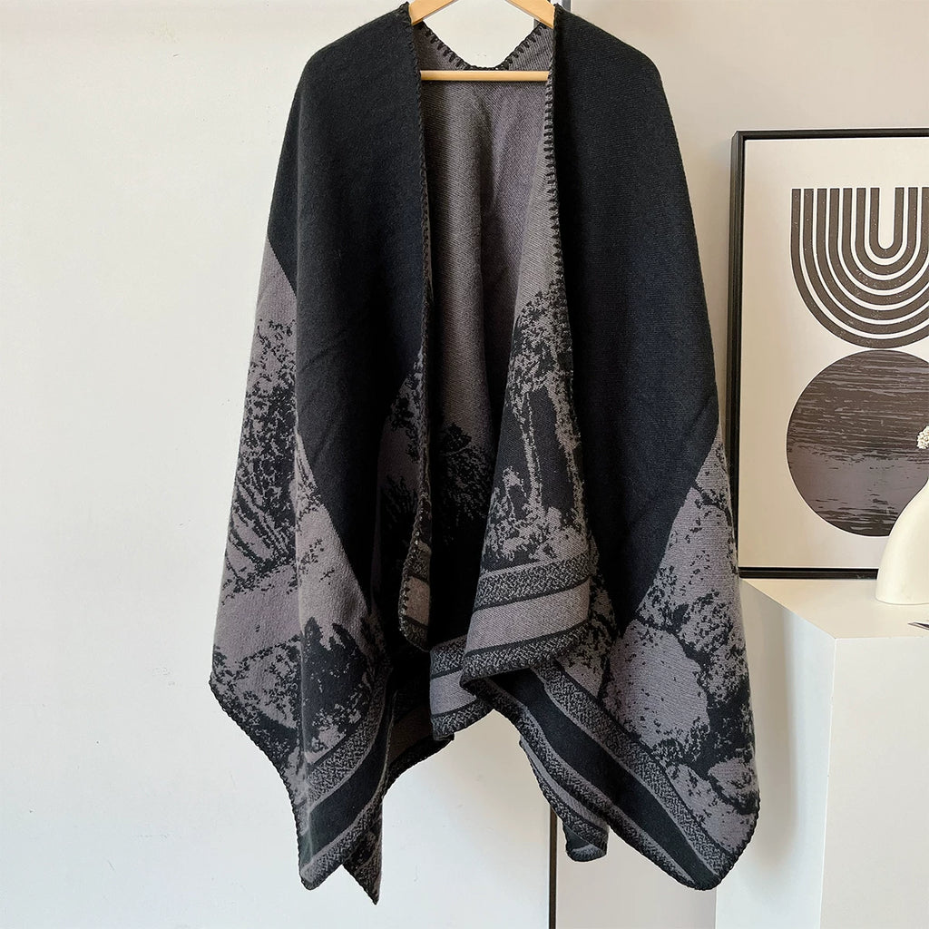 Women's Fall Winter Slit Fleece-Lined Korean-Style Knit Shawl for Office and Travel Evening Gift Holiday Gift