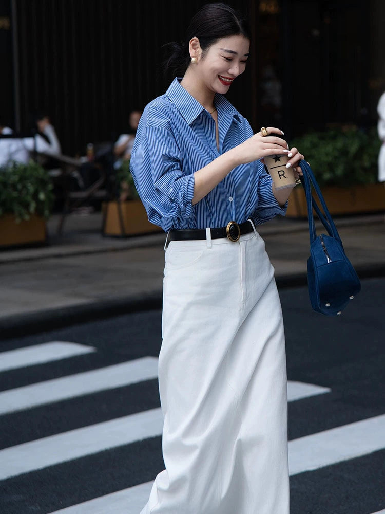 Women's White Slit Striped Office Maxi Workwear Shirt for Casual Streetwear Business Weekend Everyday Date Night