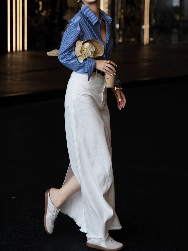 Women's White Slit Striped Office Maxi Workwear Shirt for Casual Streetwear Business Weekend Everyday Date Night