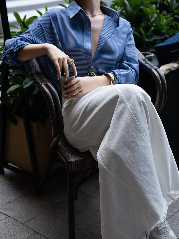 Women's White Slit Striped Office Maxi Workwear Shirt for Casual Streetwear Business Weekend Everyday Date Night