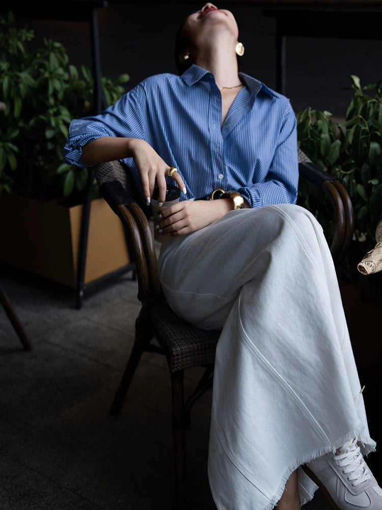 Women's White Slit Striped Office Maxi Workwear Shirt for Casual Streetwear Business Weekend Everyday Date Night