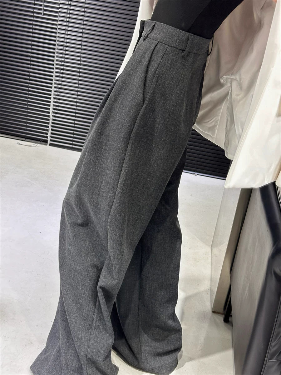 Women's Grey Draped Workwear Oversized Slim-fit Casual Wide-leg Pants for Office Outfits Business Travel Comfort Slimming Weekend Everyday